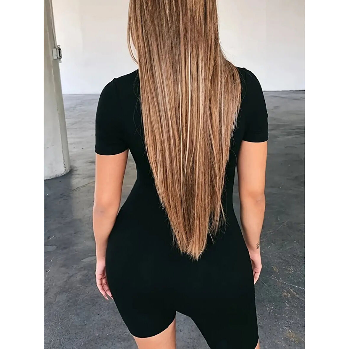 Lucky Life Kadın Kısa Kollu önü Fermuarlı Bodycon Dalgıç Tulum