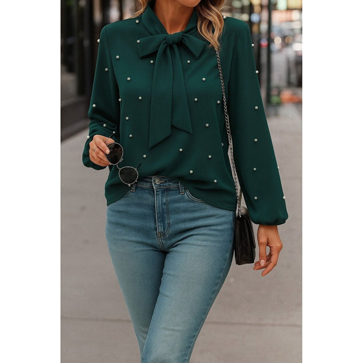 Lucky Life Kadın Uzun Kollu Yakadan Fiyonklu Incili Ithal Krep Bluz