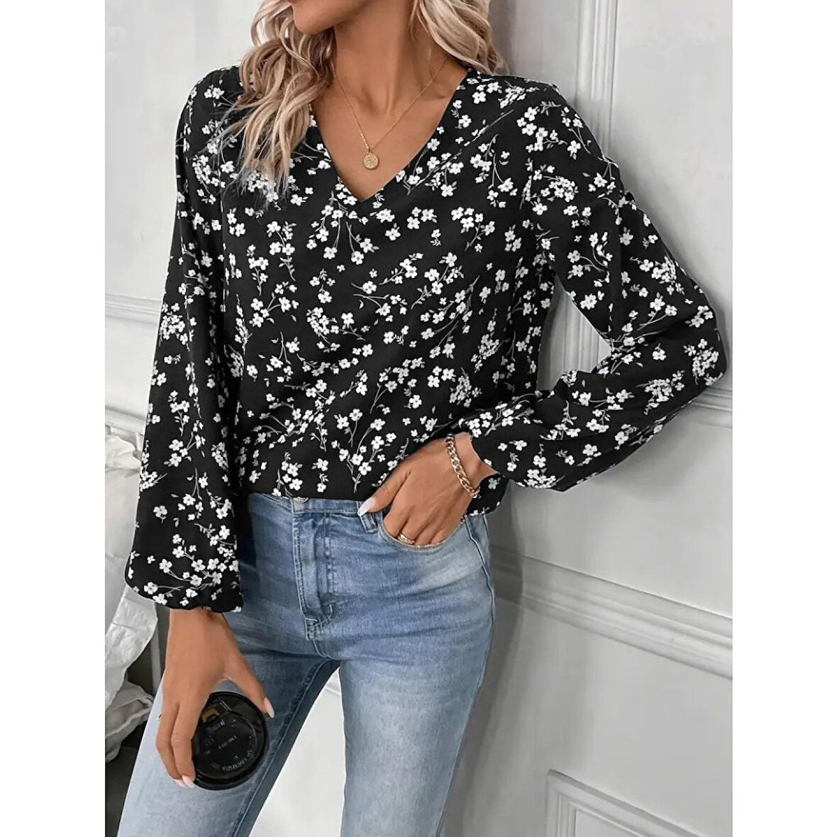 Lucky Life Lucky Life Kadın Uzun Kollu V Yakalı çiçek Desenli Modal Bluz