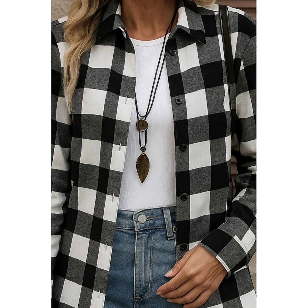 Lucky Life Kadın Uzun Kollu Ekoseli önden Düğmeli Dokuma Uzun Gömlek