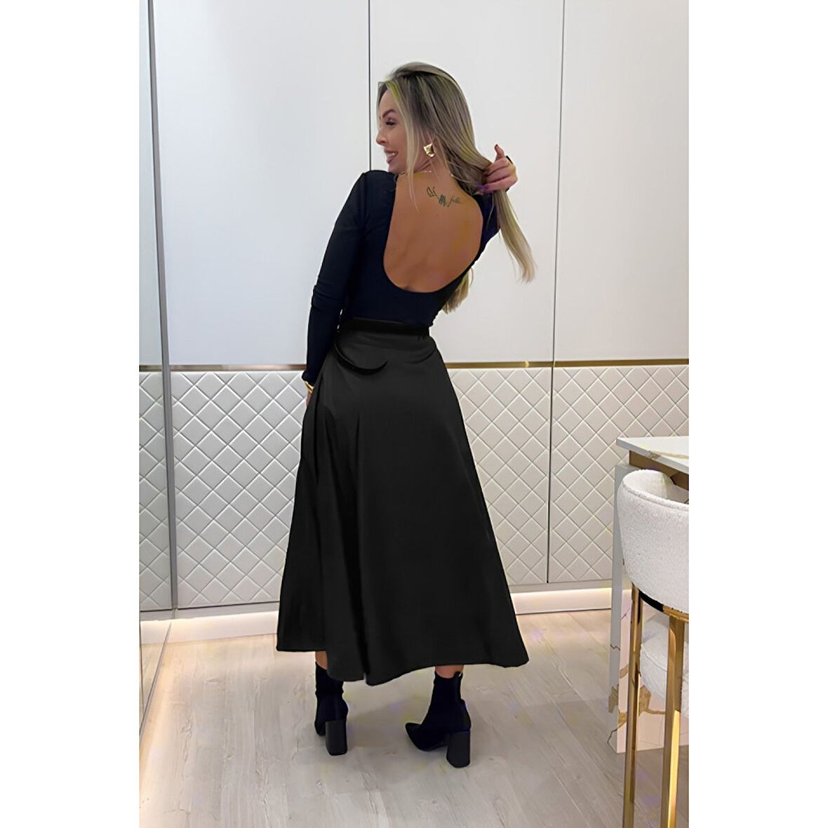 Lucky Life Kadın Yüksek Belli Maxi Deri Kemersiz Etek