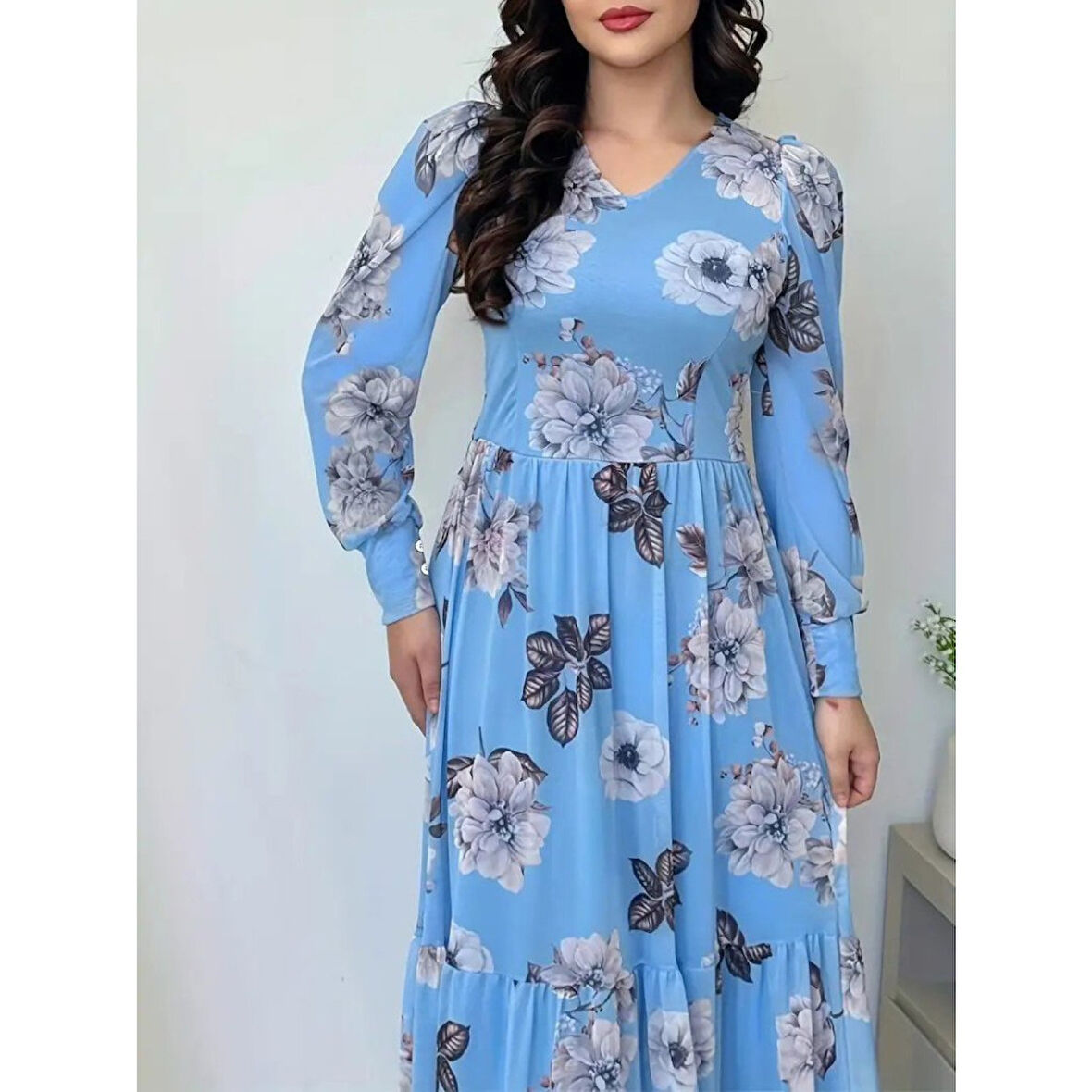 Lucky Life Kadın Uzun Kollu V Yakalı çiçek Desenli Maxi Süprem Elbise