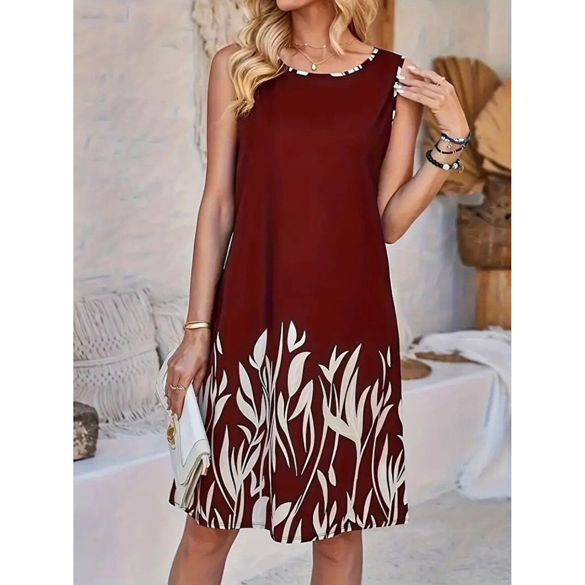 Lucky Life Kadın Askılı Yuvarlak Yakalı Yaprak Desenli Dalgıç Elbise