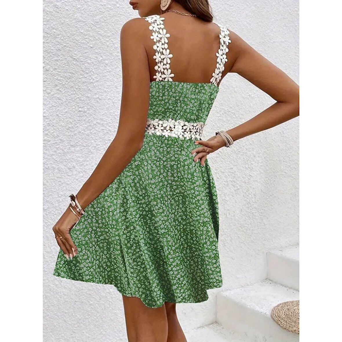 Lucky Life Kadın Askılı Dantel Yakalı çiçek Desenli Süprem Elbise