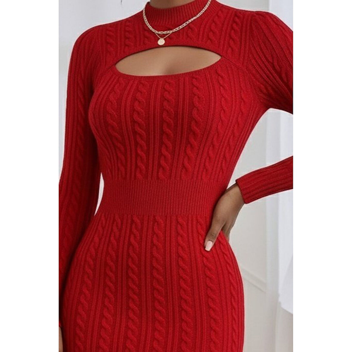 Lucky Life Kadın Uzun Kollu Yarı Balıkçı Yaka Pencere Göğüs Detay Mini Triko Elbise