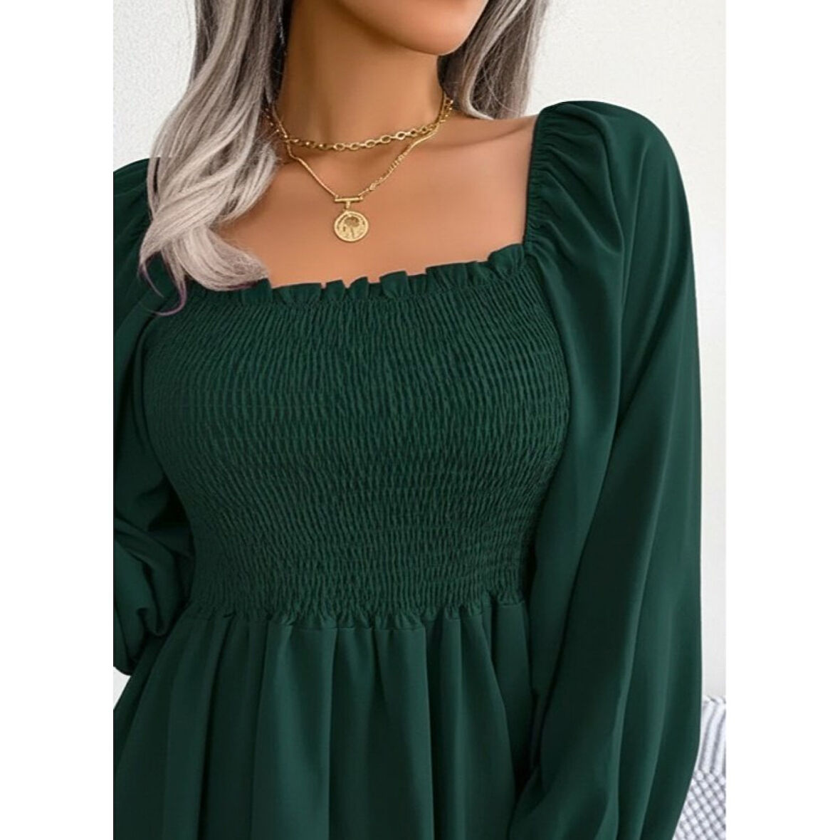 Lucky Life Kadın Uzun Kollu Geometrik Yakalı Gipe Detaylı Krep Bluz