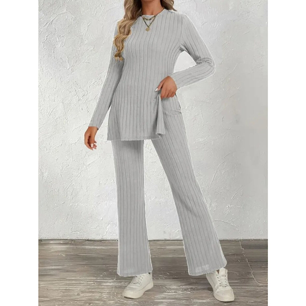 Lucky Life Kadın Uzun Kollu Bisiklet Yaka Yandan Yırtmaçlı şardonlu Kaşkorse Bluz Ve Pantolon Ikili Takım