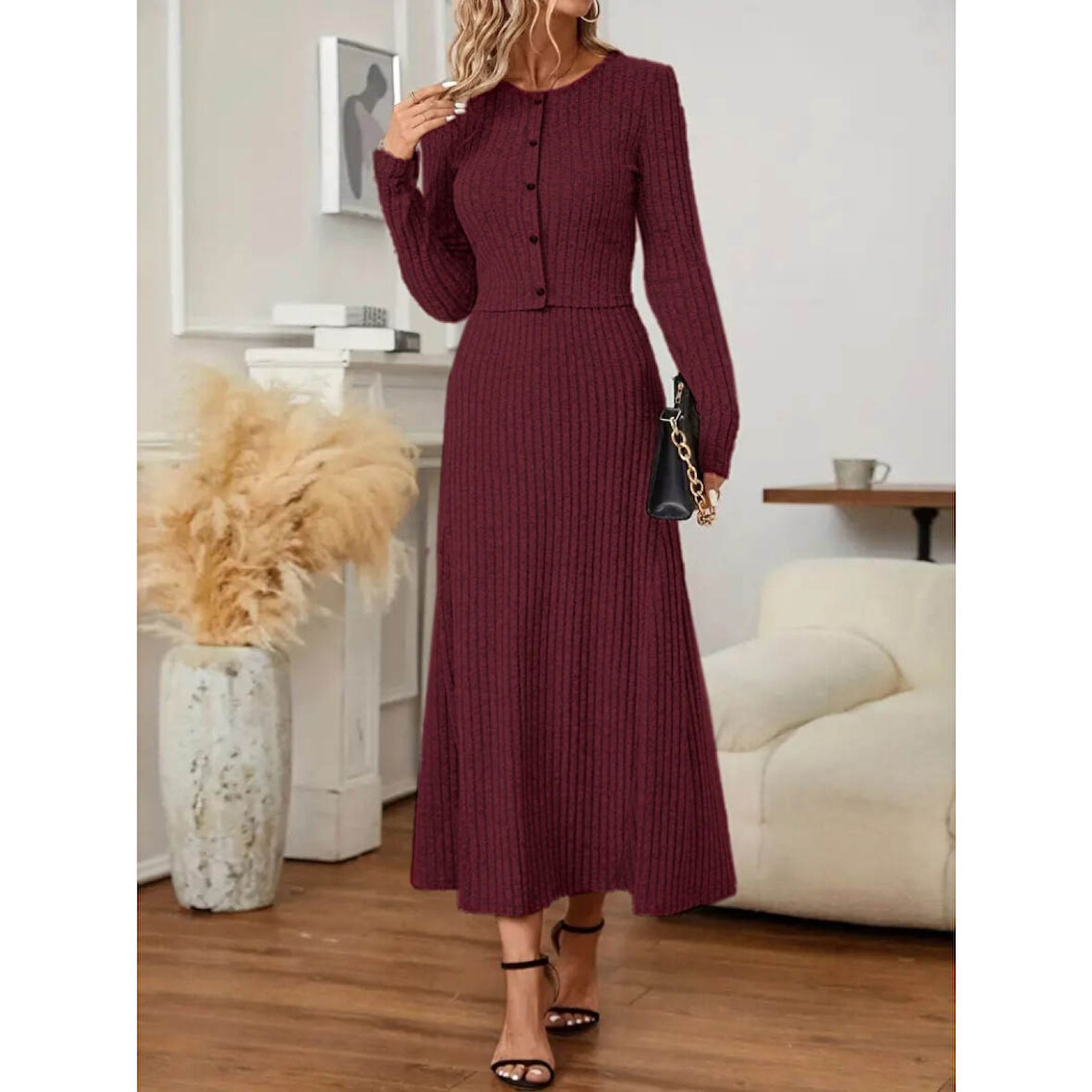 Lucky Life Kadın Uzun Kollu önden Düğmeli Bluz Ve Yüksek Bel A Kesim Uzun Etek şardonlu Kaşkorse Ikili Takım