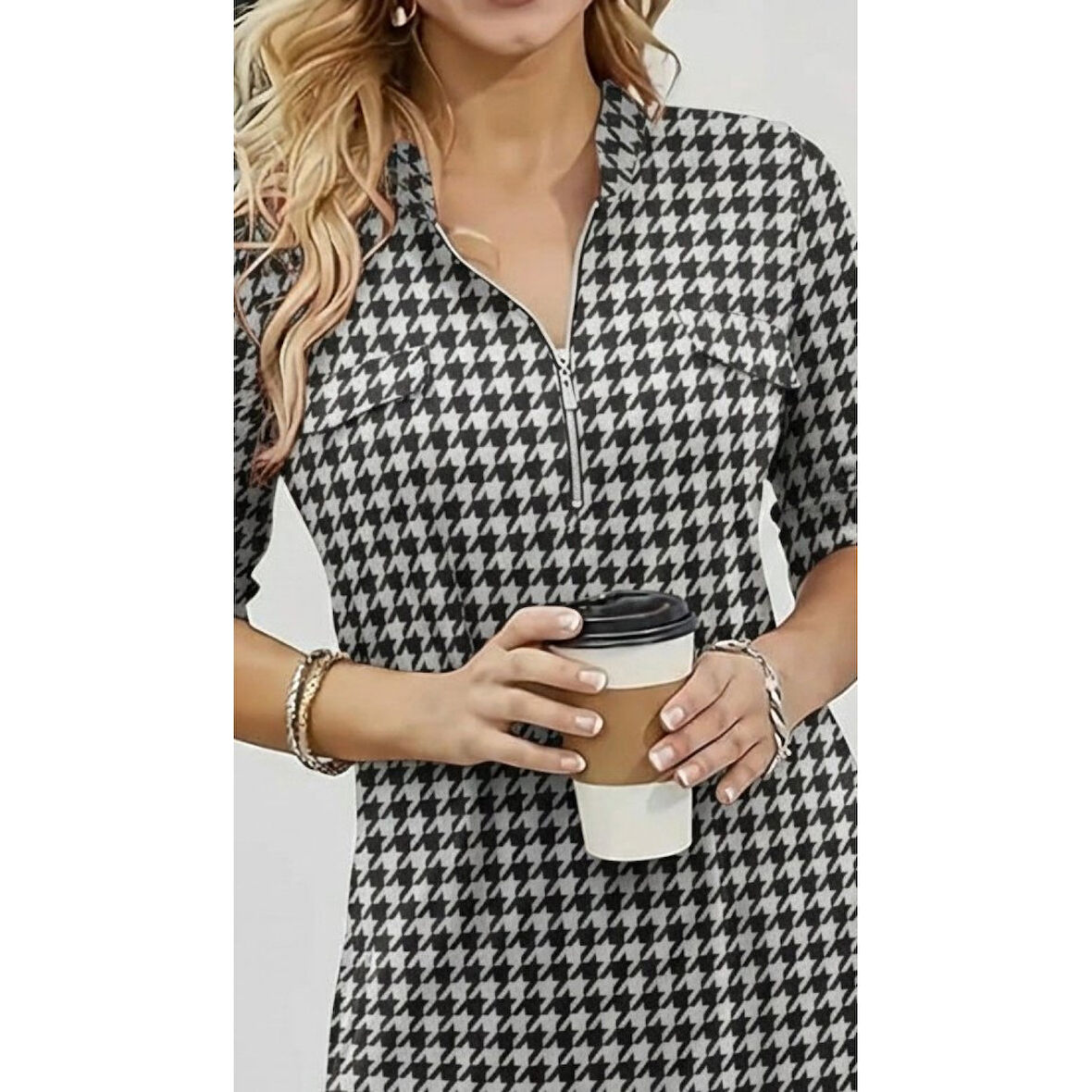 Lucky Life Kadın Uzun Kollu Hakim Yaka Yakadan Fermuarlı Geometrik Desenli Süprem Bluz