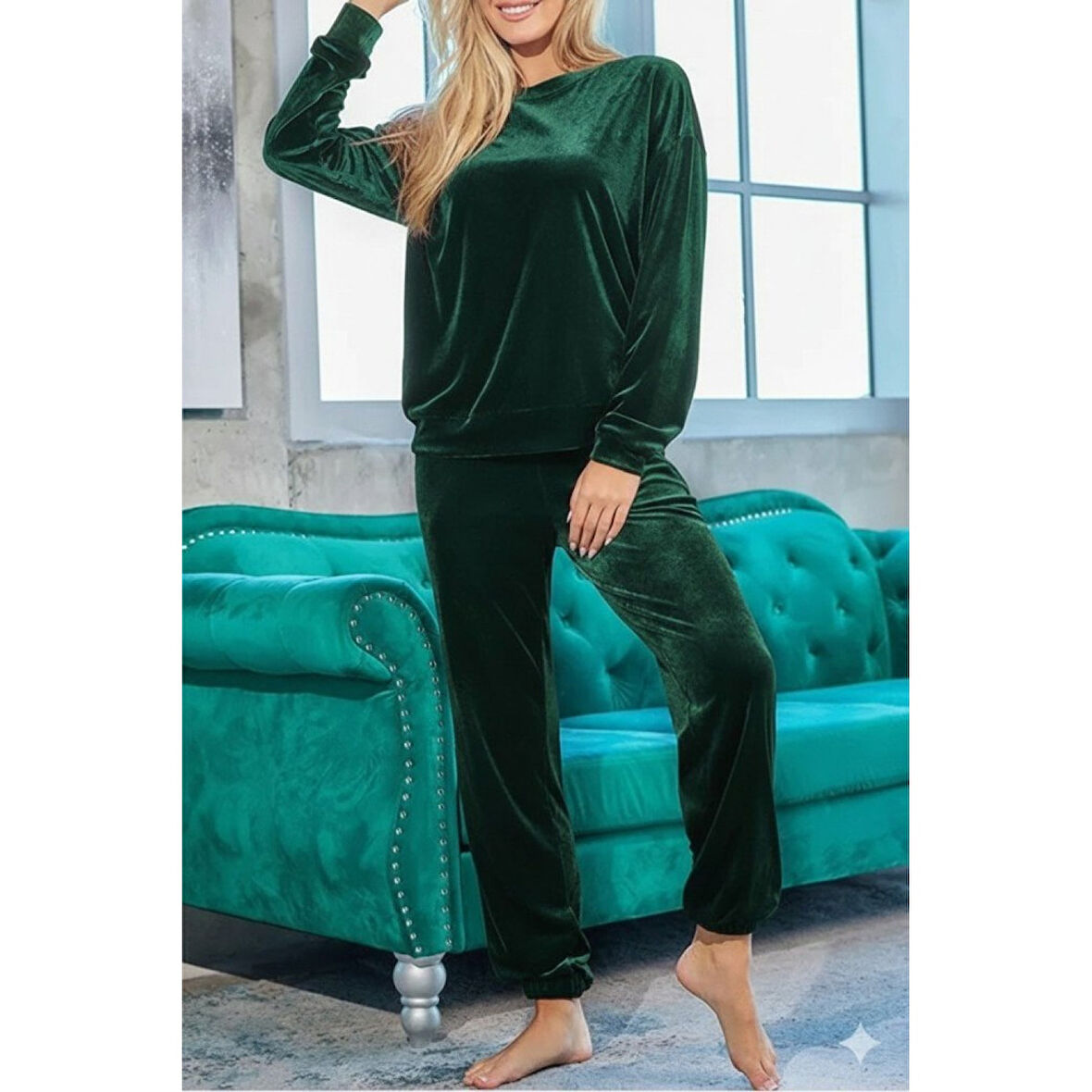 Lucky Life Kadın Uzun Kollu Yuvarlak Yakalı Kadife Bluz Ve Pantolon Takım