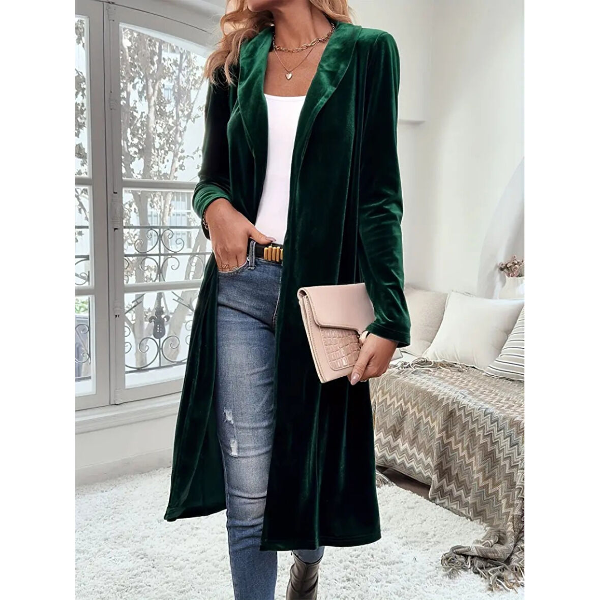 Lucky Life Kadın Uzun Kollu önü Açık Kolları Uzun Midi Ceket