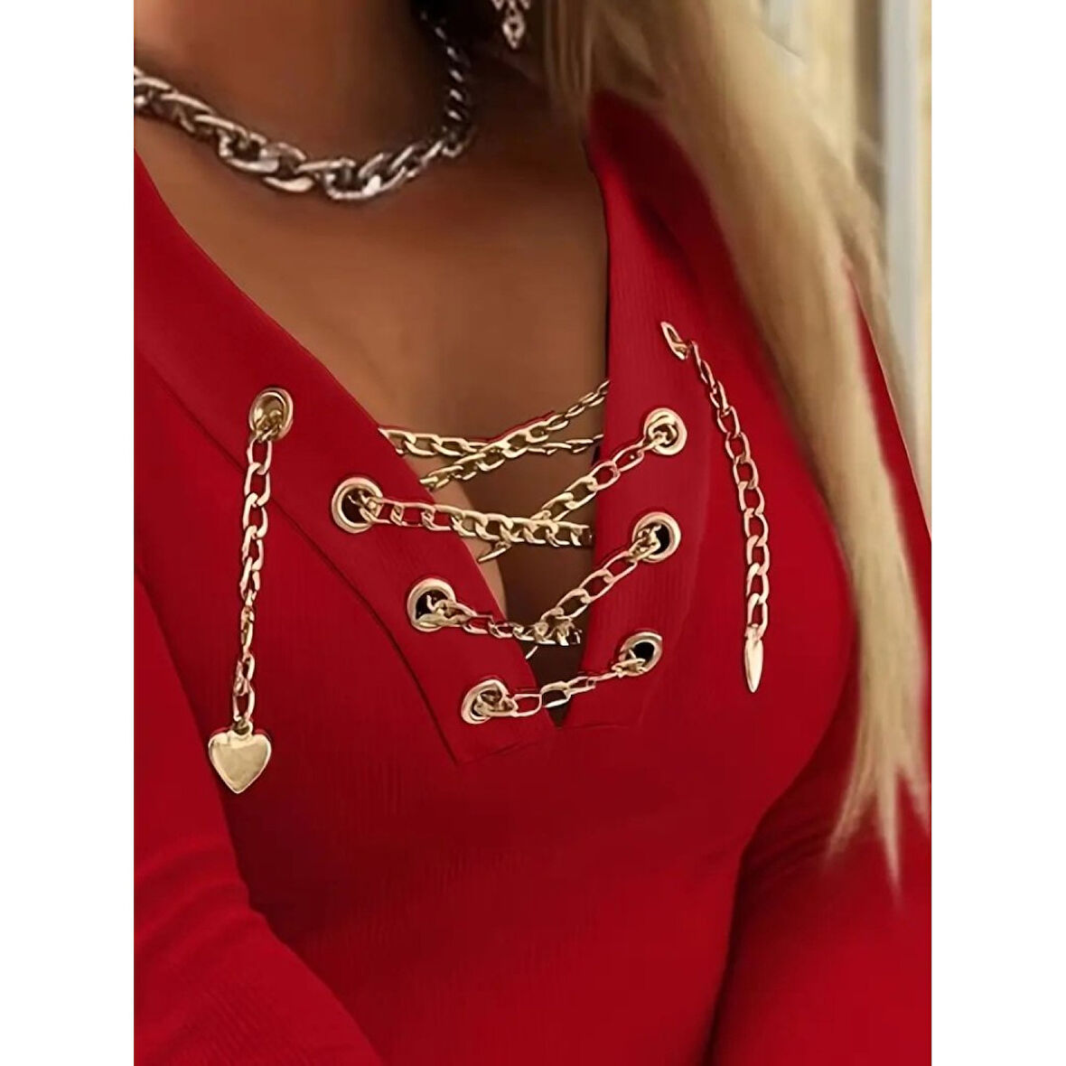 Lucky Life Lucky Life Kadın Uzun Kollu V çapraz Zincir Detaylı Kaşkorse Bluz