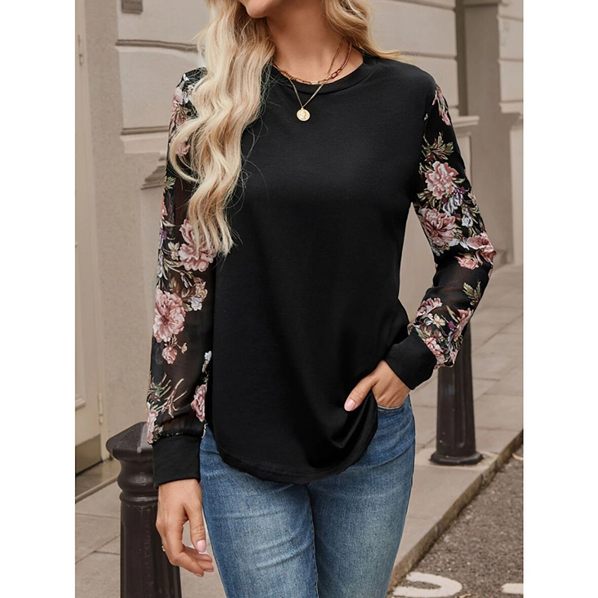 Lucky Life Kadın Uzun Kollu Bisiklet Yakalı Kolun çiçek Desenli Viskon Iki Iplik Bluz