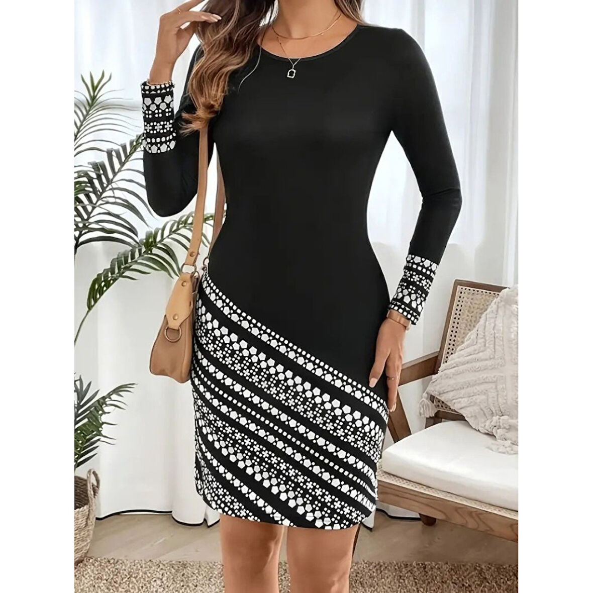 LUCKY LİFE Kadın Uzun Kollu Bisiklet Yaka Desenli Dalgıç Elbise