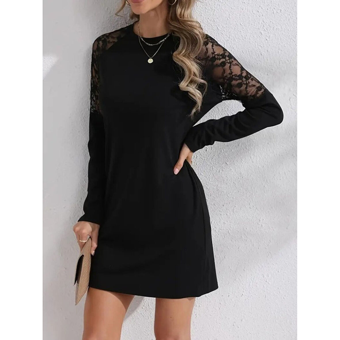 Lucky Life Lucky Life Kadın Uzun Kollu Bisiklet Yaka Dantel Detaylı Visk8n Iki Iplik Düğmeli Mini Elbise