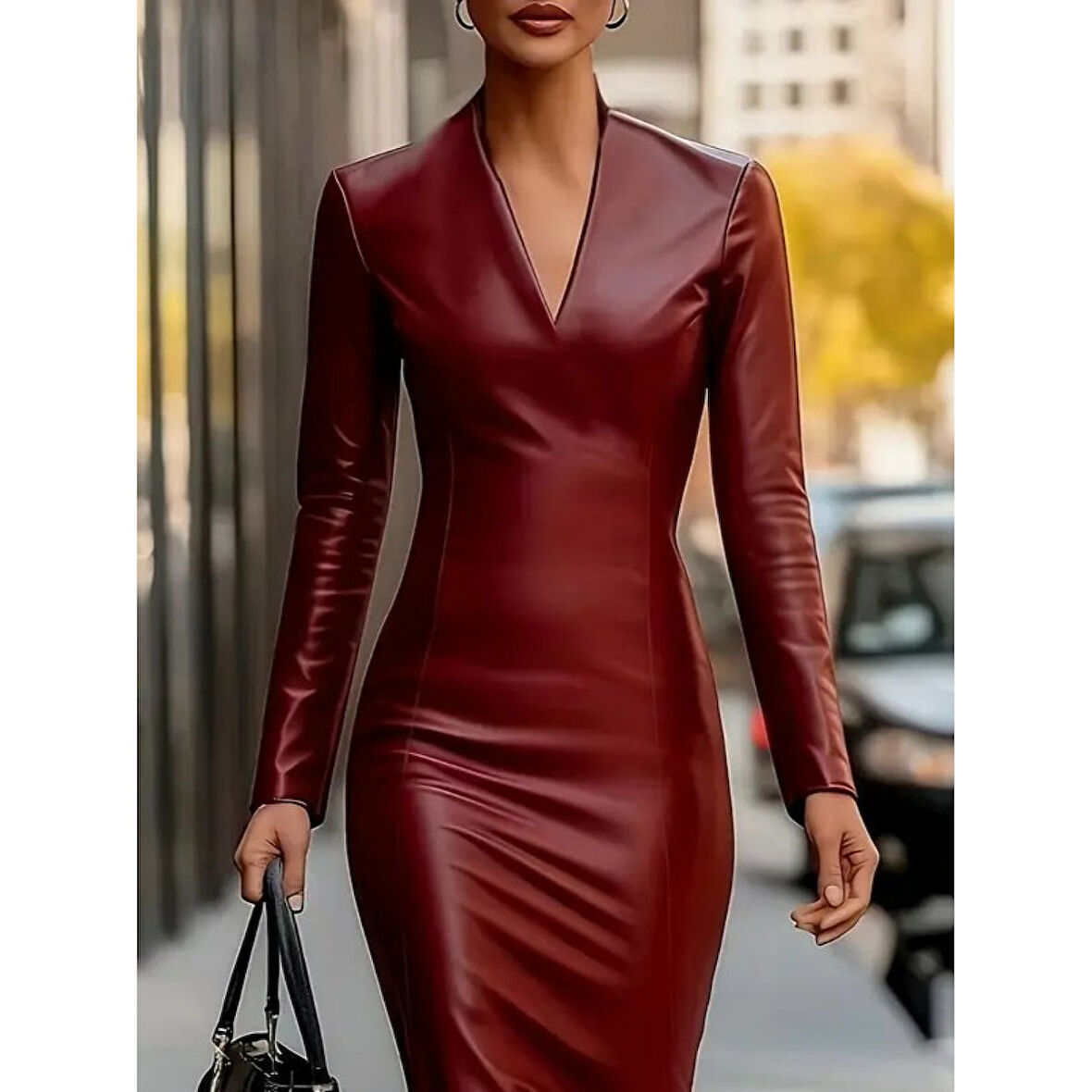 Lucky Life Kadın Uzun Kollu V Yakalı Deri Midi Elbise