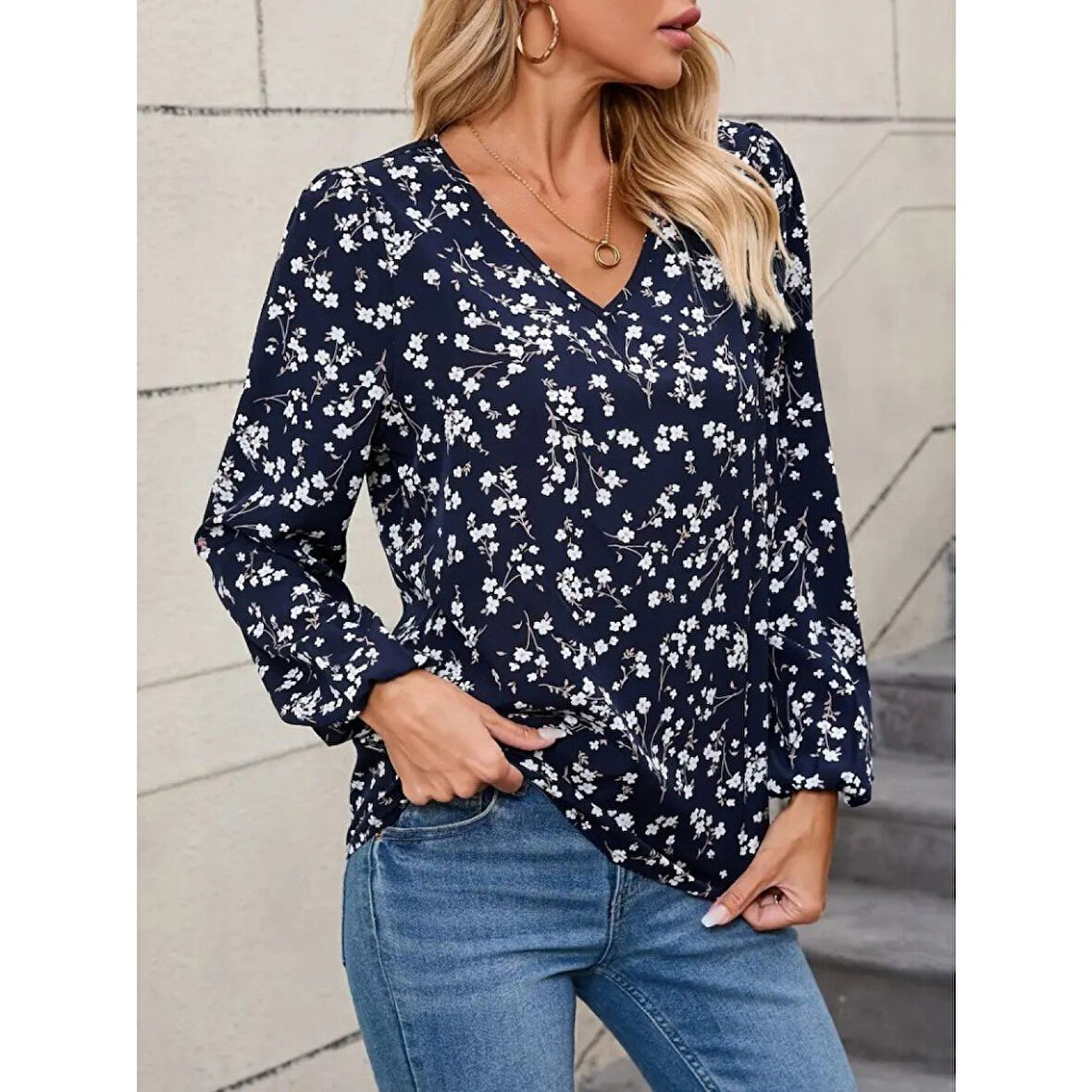 Lucky Life Lucky Life Kadın Uzun Kollu V Yakalı çiçek Desenli Modal Bluz