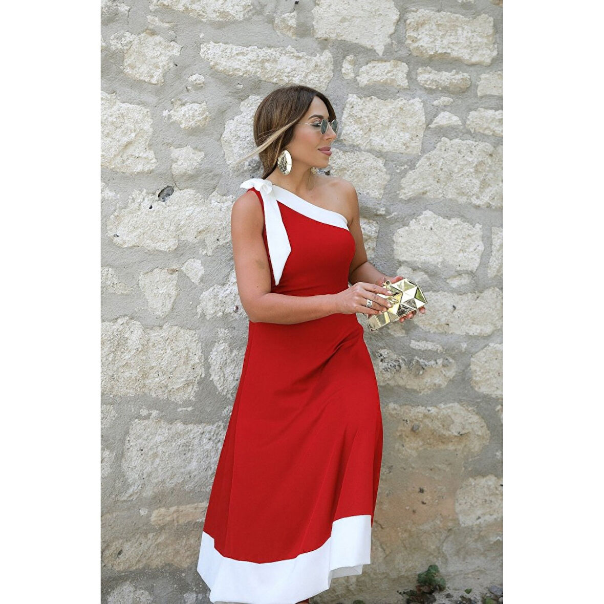 Lucky Life Kadın Tek Omuzu Açık Omuzlardan Kurdela Detaylı çift Renkli Ithal Krep Elbise