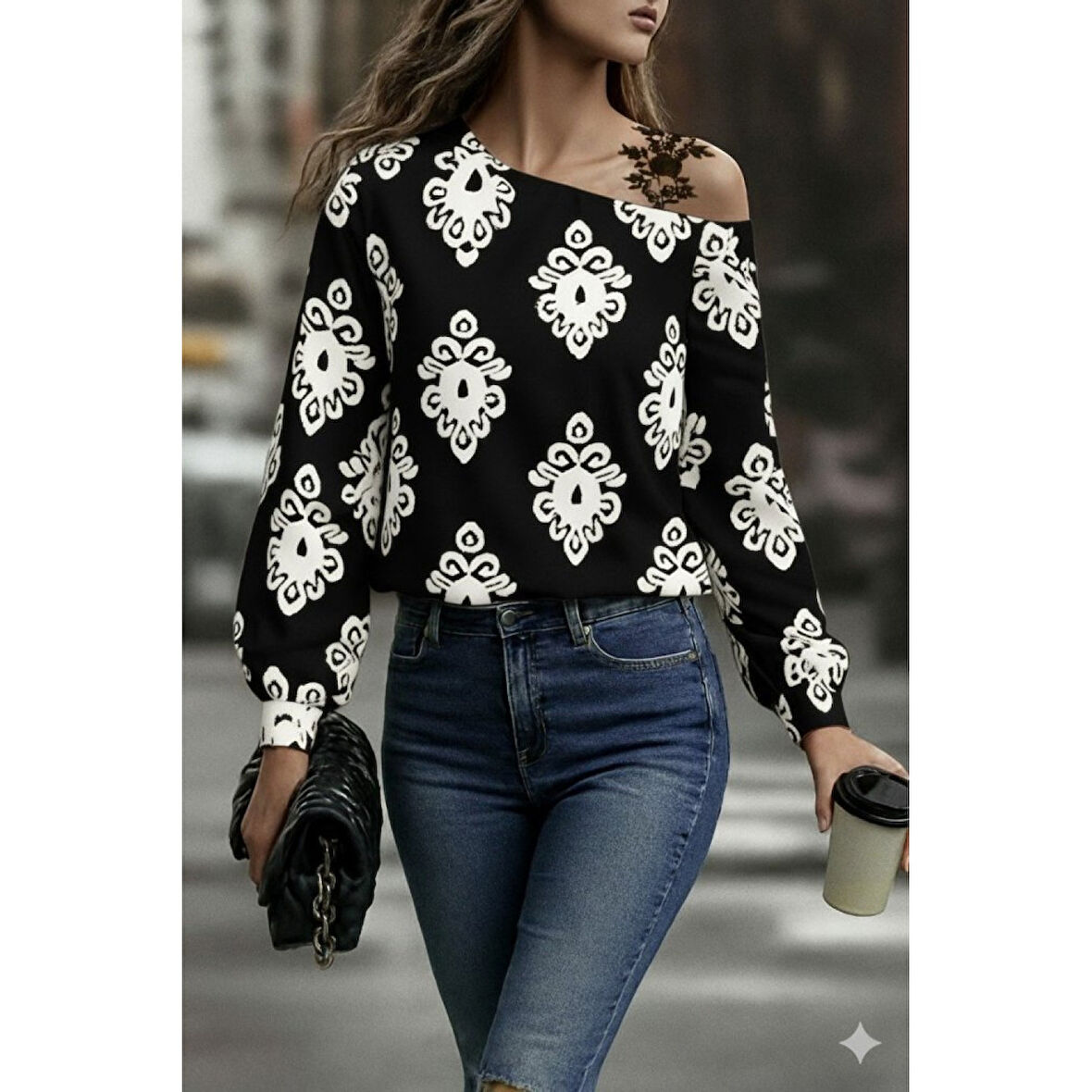 Lucky Life Lucky Life Kadın Askılı Uzun Kollu Omuzlardan Açık Desenli Mosskrep Bluz