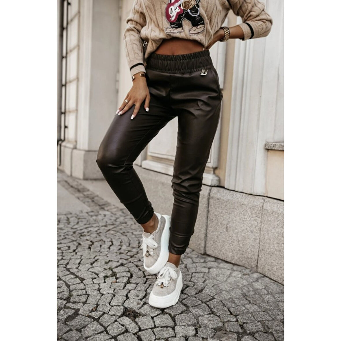 Lucky Life Kadın Yüksek Bel Lastikli Cepli Deri Pantolon