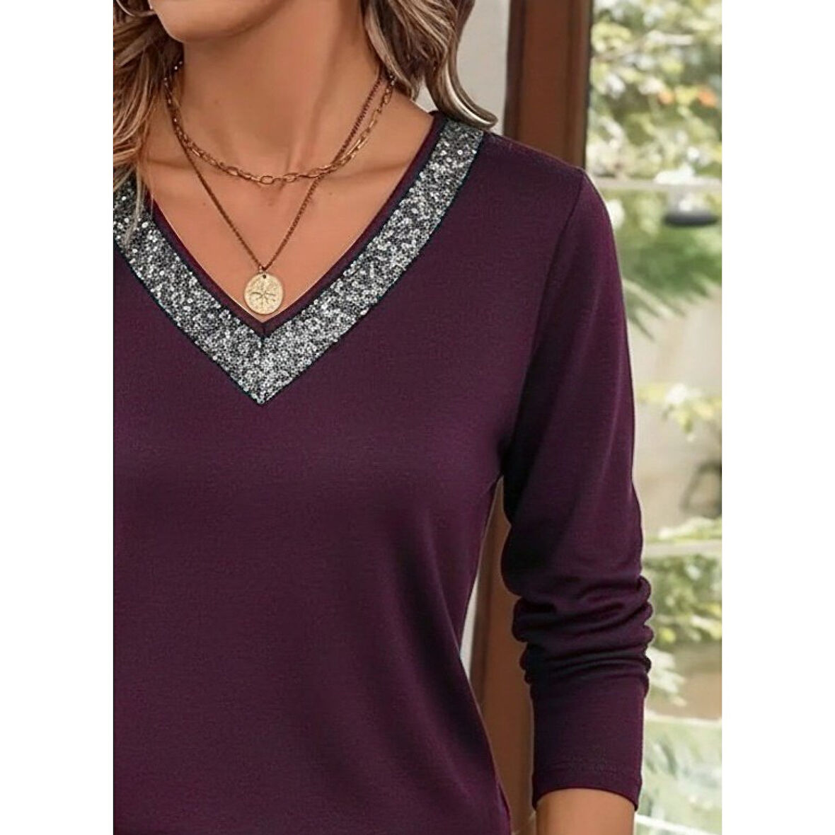 Lucky Life Kadın Uzun Kollu V Payet Yakalı Viskon Mürdüm Bluz