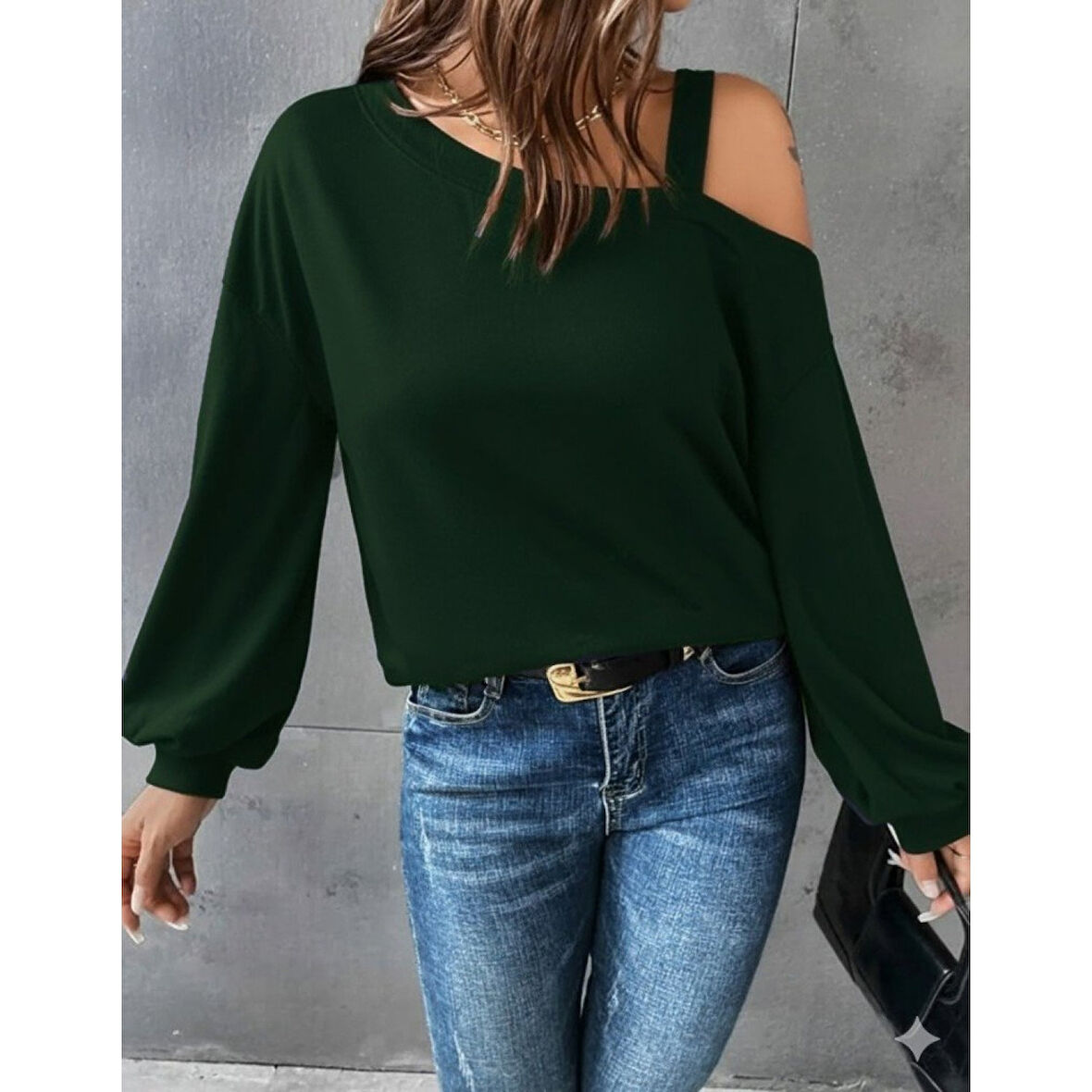 Lucky Life Kadın Uzun Kollu Tek Omuz Askı Detay Salaş Viskon Iki Iplik Bluz