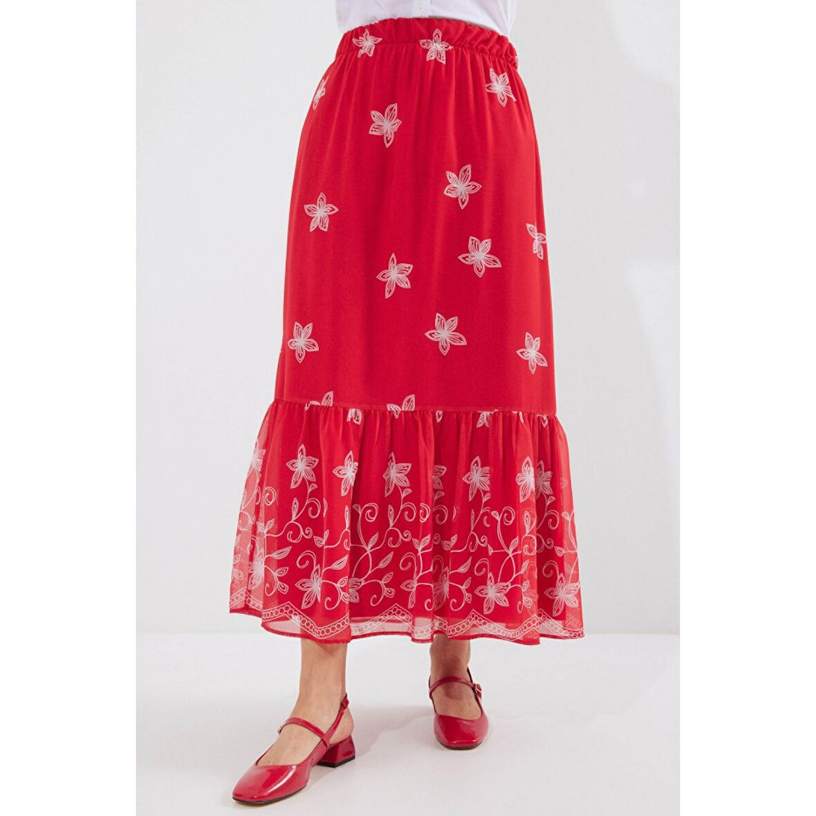 Lucky Life Kadın Desenli Şifon Etek - A.Kırmızı