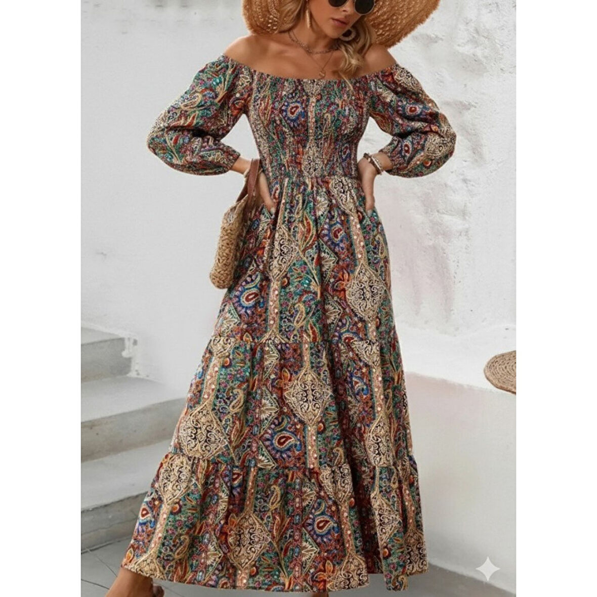 Lucky Life Kadın Düşük Omuzlu Beli Büzgülü Dijital Desenli Kesik Elyaf Süprem Uzun Elbise