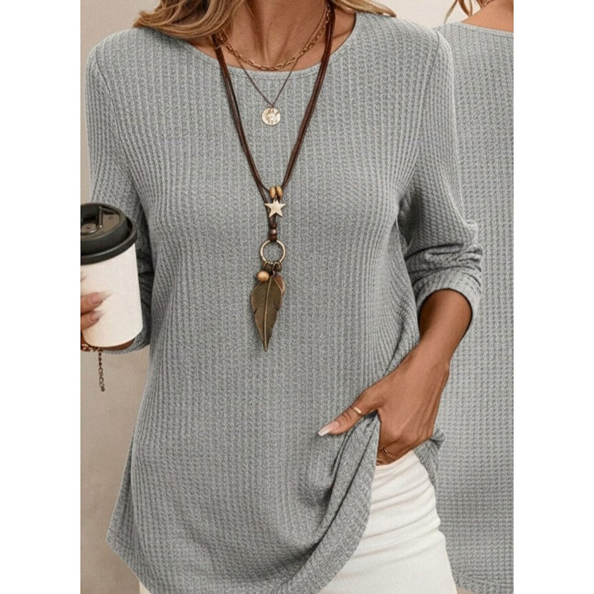 Lucky Life Kadın Uzun Kollu Yuvarlak Yaka Arkadan Düğmeli Waffle Bluz