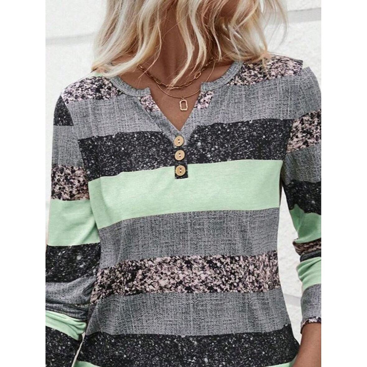 Lucky Life Kadın Uzun Kollu Yakadan Düğmeli çizgili Desenli Süprem Bluz