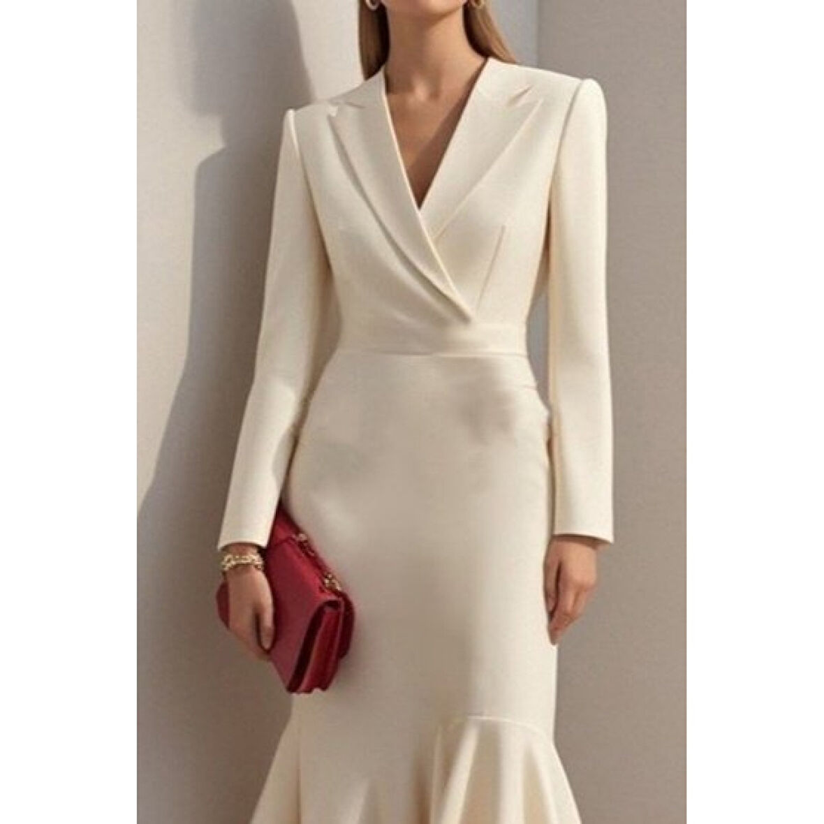 Lucky Life Kadın Uzun Kollu Yakalı Belden Oturtmalı Midi Ithal Krep Elbise