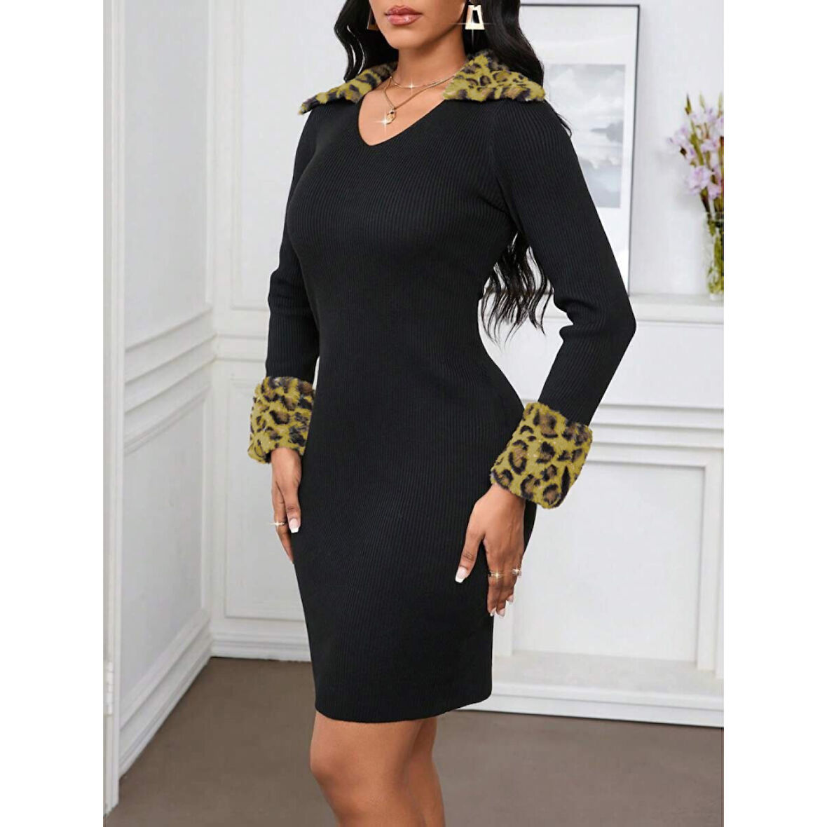 Lucky Life Kadın Uzun Kollu V Yakalı Kürk Detaylı Kaşkorse Elbise