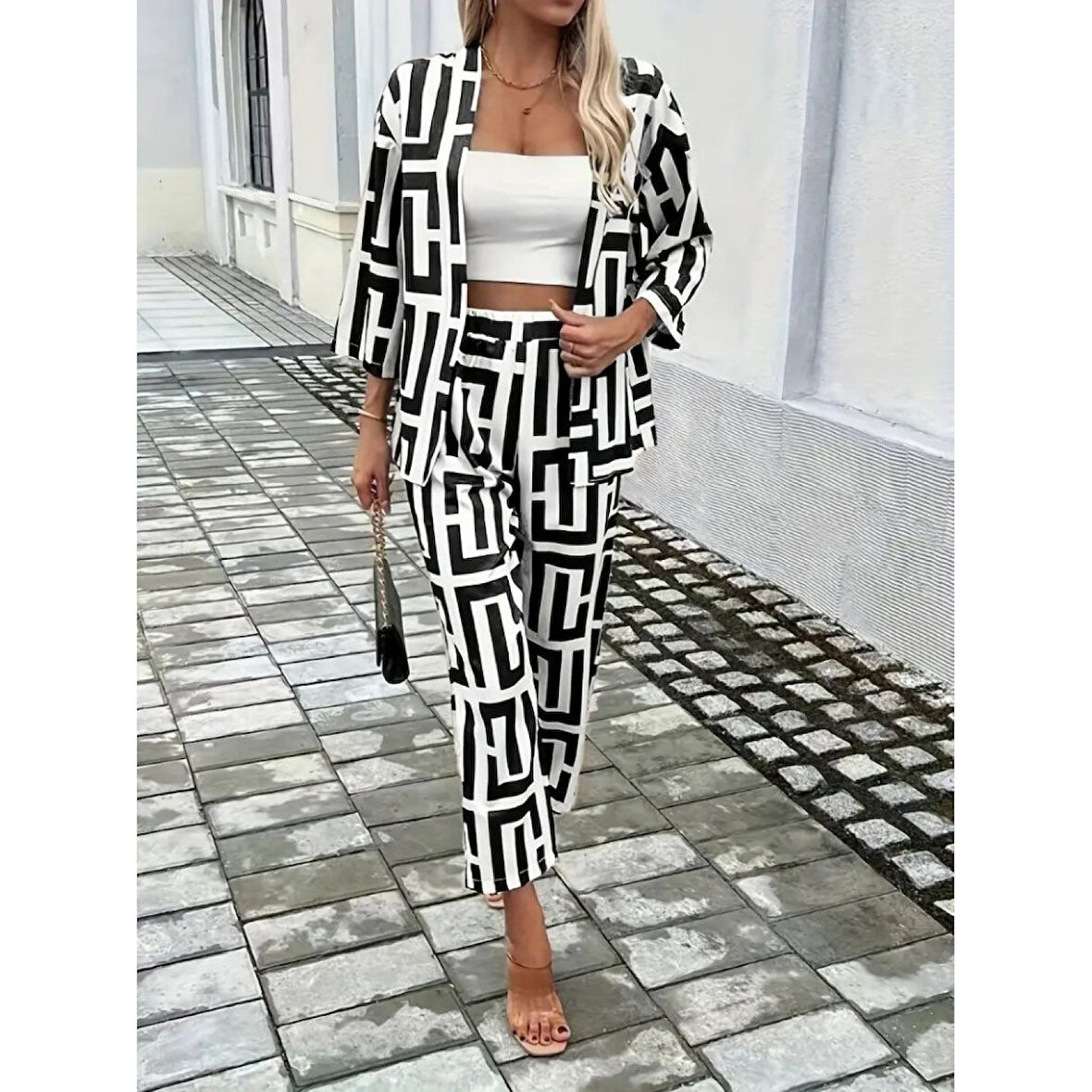 Lucky Life Kadın Uzun Kollu önü Açık Desenli Iki Iplik Ceket Ve Pantolon Ikili Takım