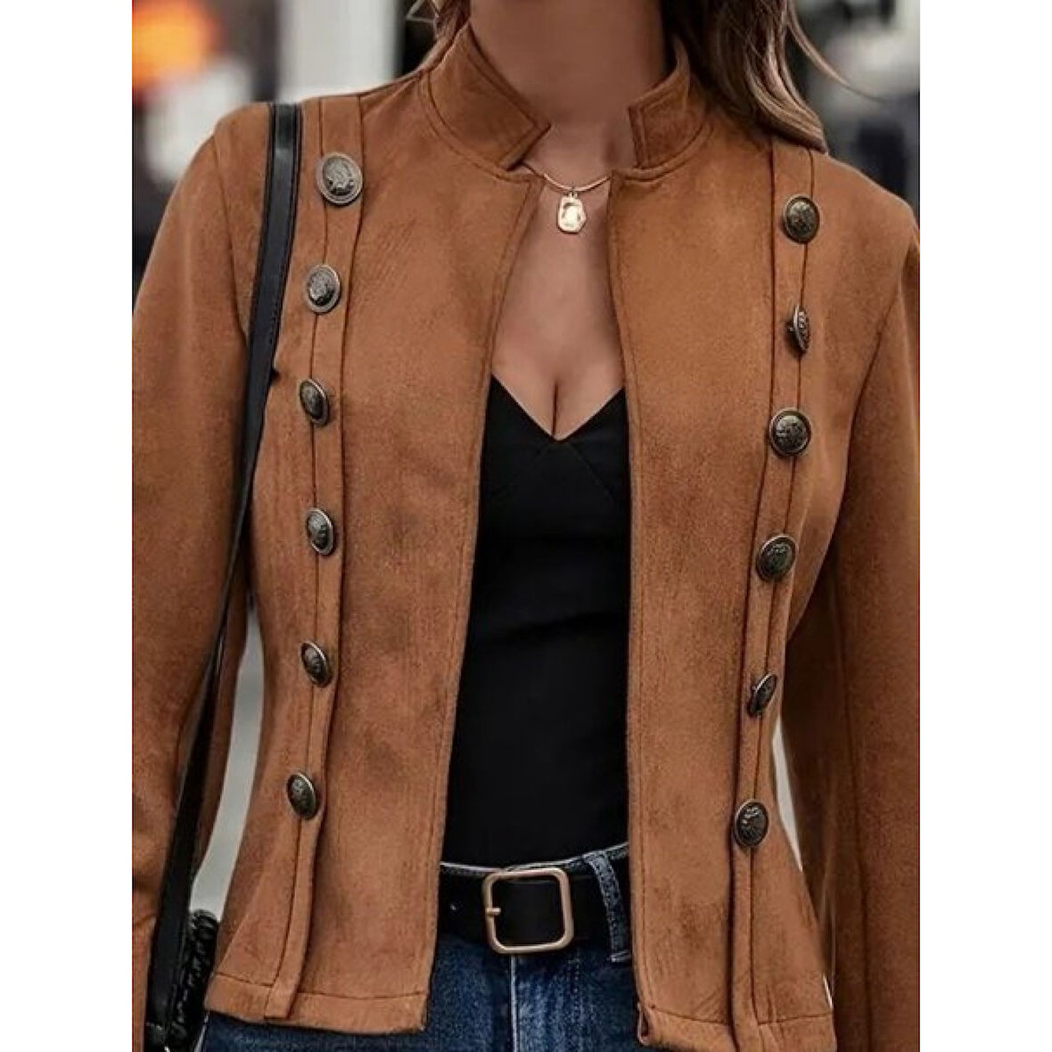 Lucky Life Kadın Uzun Kollu Hakim Yaka Yanlardan Düğmeli Kısa Süet Ceket