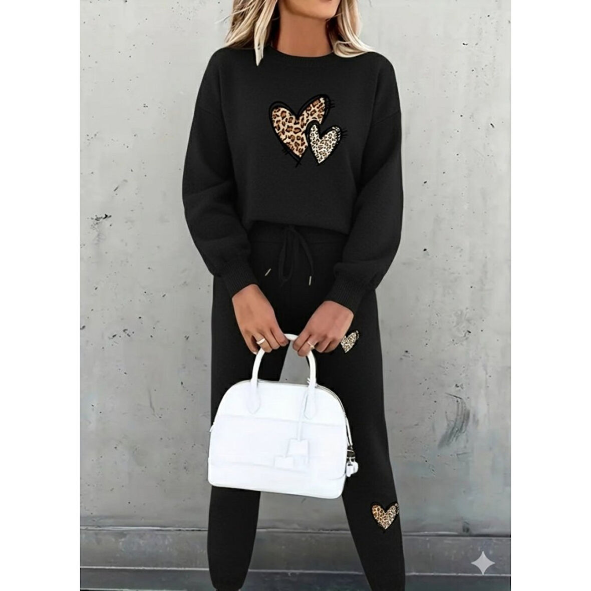 Lucky Life Kadın Uzun Kollu Bisiklet Yaka Kalp Desenli şardonlu üç Iplik Bluz Ve Pantolon Ikili Takım