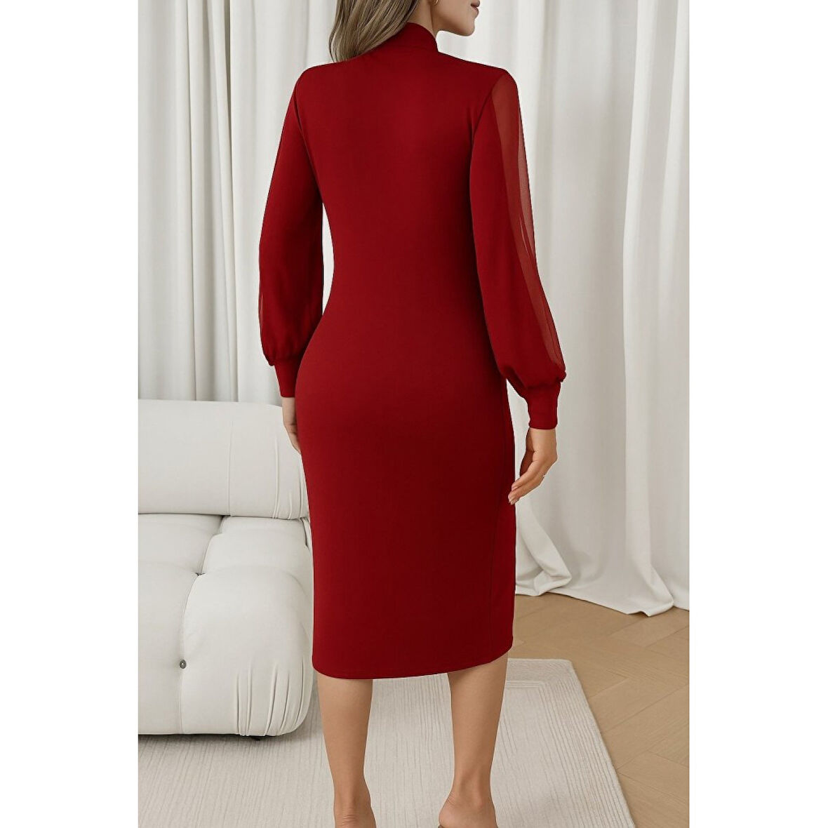 Lucky Life Kadın Uzun Kollu Yarı Balıkçı Yaka Tül Ve Inci Detaylı Kısa Ithal Krep Midi Elbise