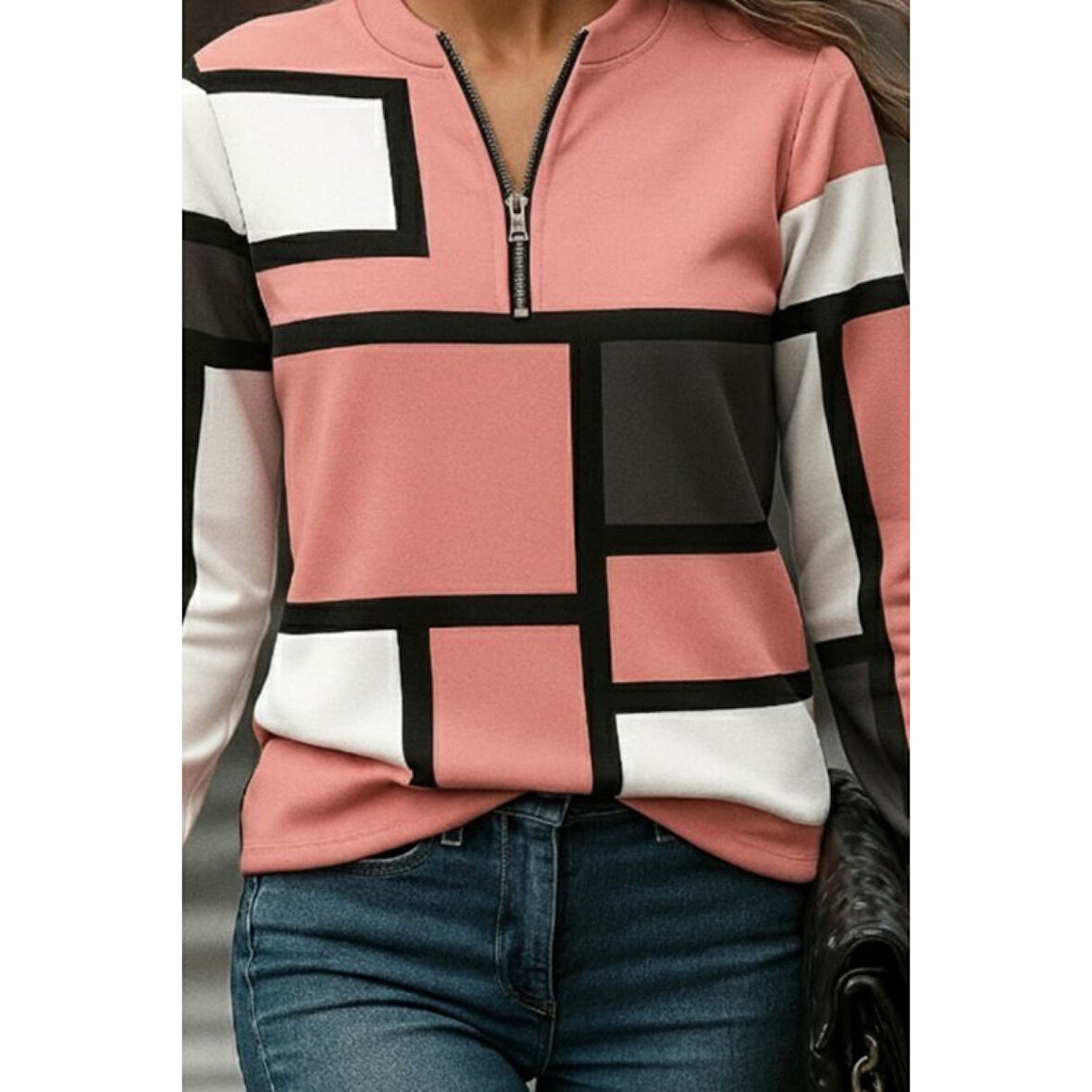 Lucky Life Lucky Life Kadın Uzun Kollu Yakadan Fermuarlı Desenli şardonlu Dalgıç Bluz