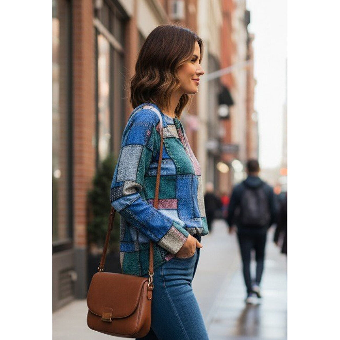 Lucky Life Lucky Life Kadın Uzun Kollu Yakadan Fermuarlı Kot Görünüm Desenli Uzun Modal Bluz