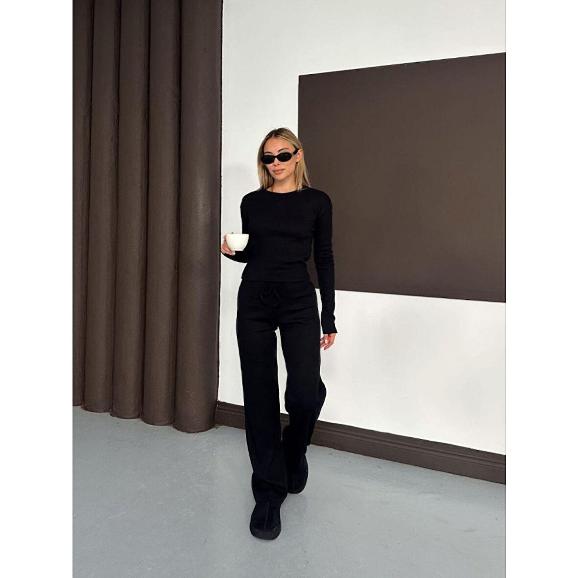 Lucky Life Kadın Bisiklet Yaka Parmak Geçme Detay Uzun Kollu Bluz Ve Pantolon Ikili Takım