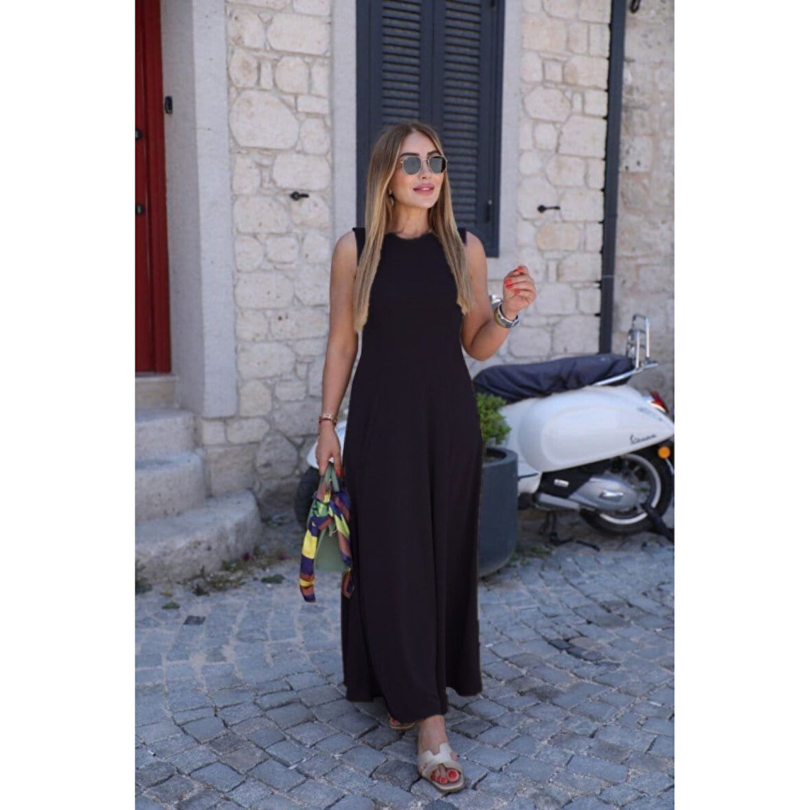 Lucky Life Kadın Sıfır Kollu Bisiklet Yaka Viskon Elbise