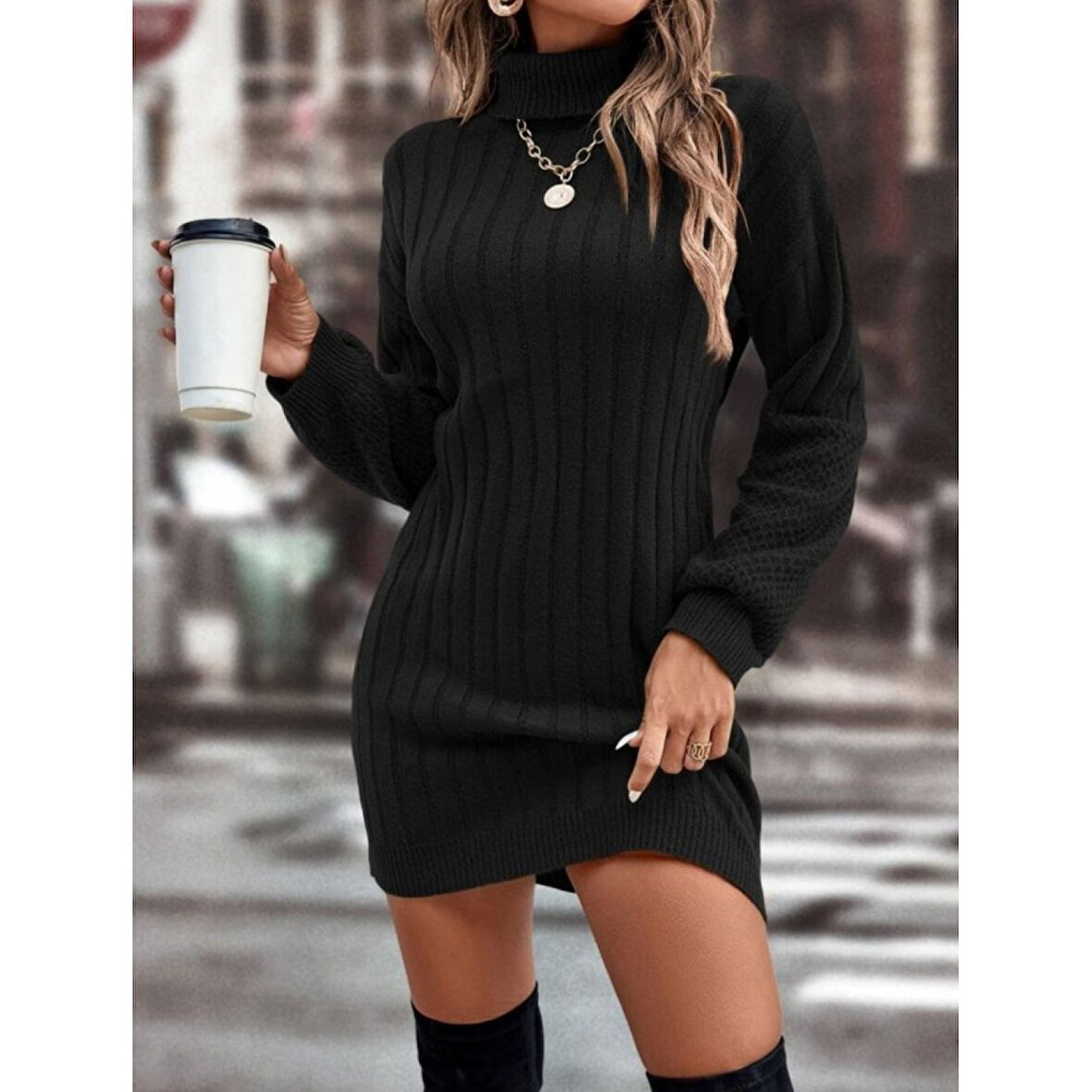 Lucky Life Kadın Uzun Kollu Boğazlı Uzun Balon Kol Triko Mini Elbise