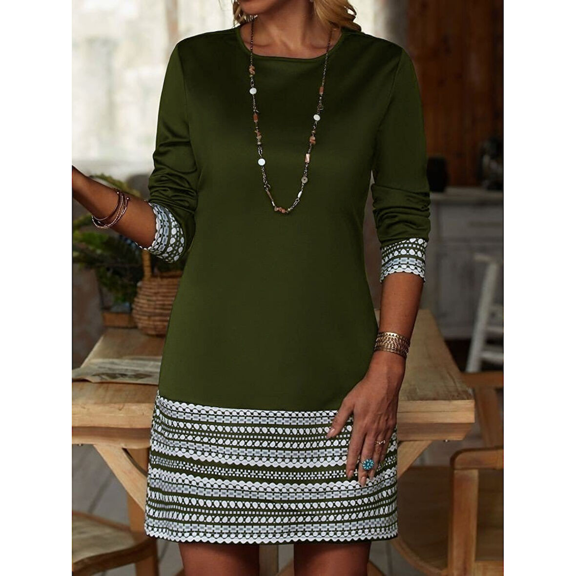 Lucky Life Lucky Life Kadın Uzun Kollu Bisiklet Yaka Kol Ağzı Ve Etek Ucu Baskılı Iki Iplik Elbise