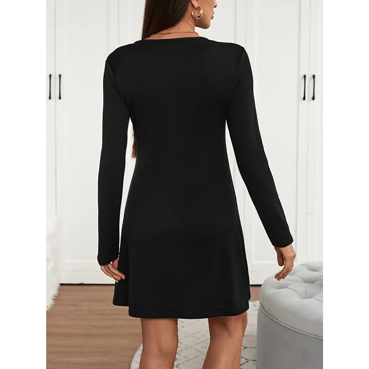 Lucky Life Kadın Uzun Kollu V şerit Yakalı Kısa Viskon Iki Iplik Elbise