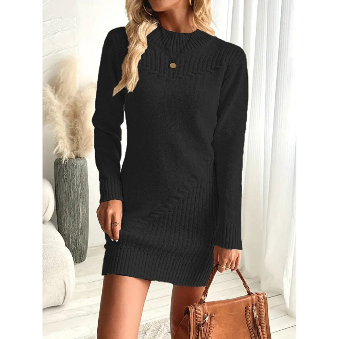 Lucky Life Kadın  Uzun Kollu Yuvarlak Yaka Mini Triko Elbise