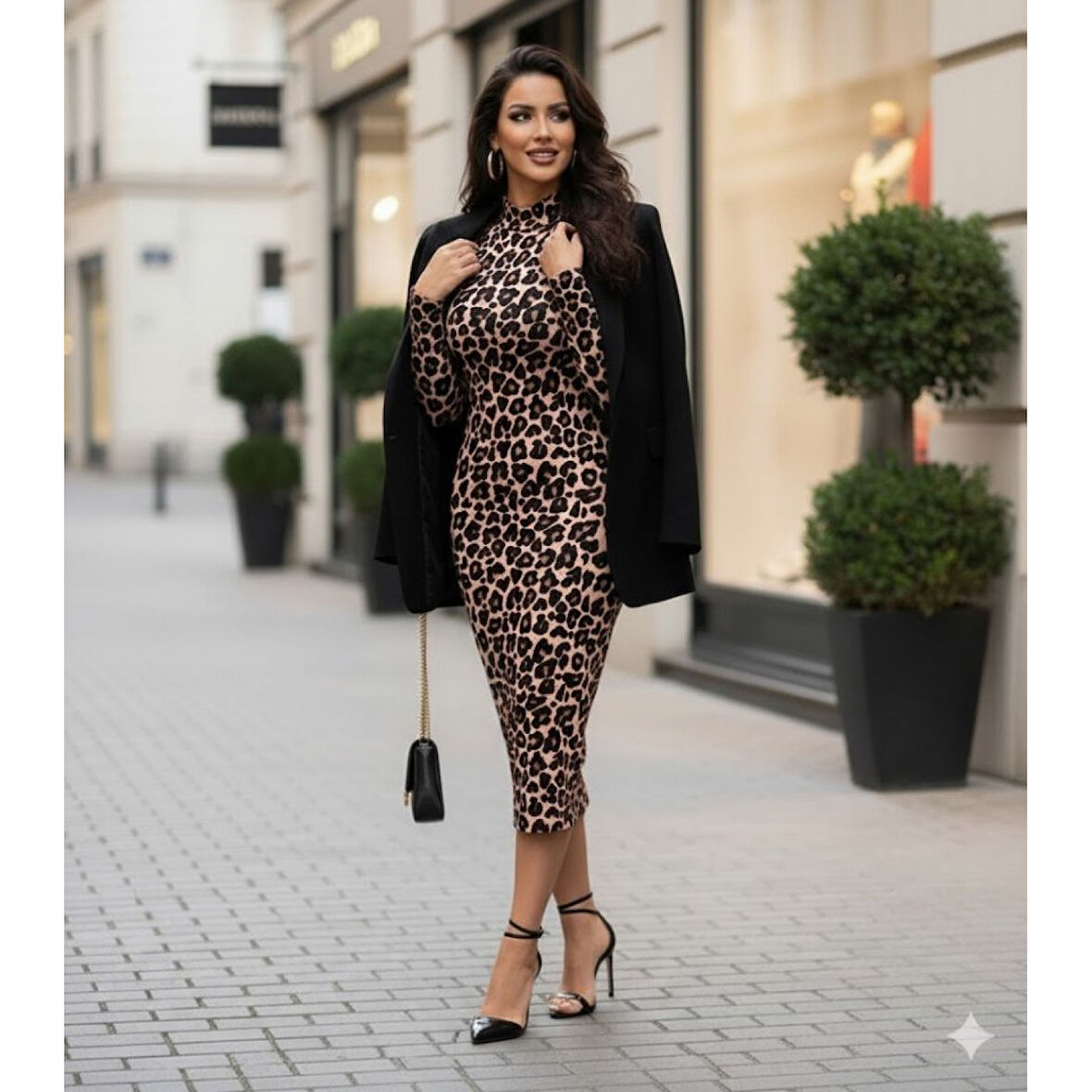 Lucky Life Kadın Uzun Kollu Balıkçı Yaka Leopar Desenli Midi Boy Elbise