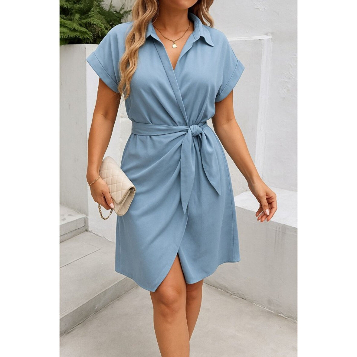 Lucky Life Kadın Kısa Kollu Yakalı Yandan Bağlamalı Dokuma Elbise