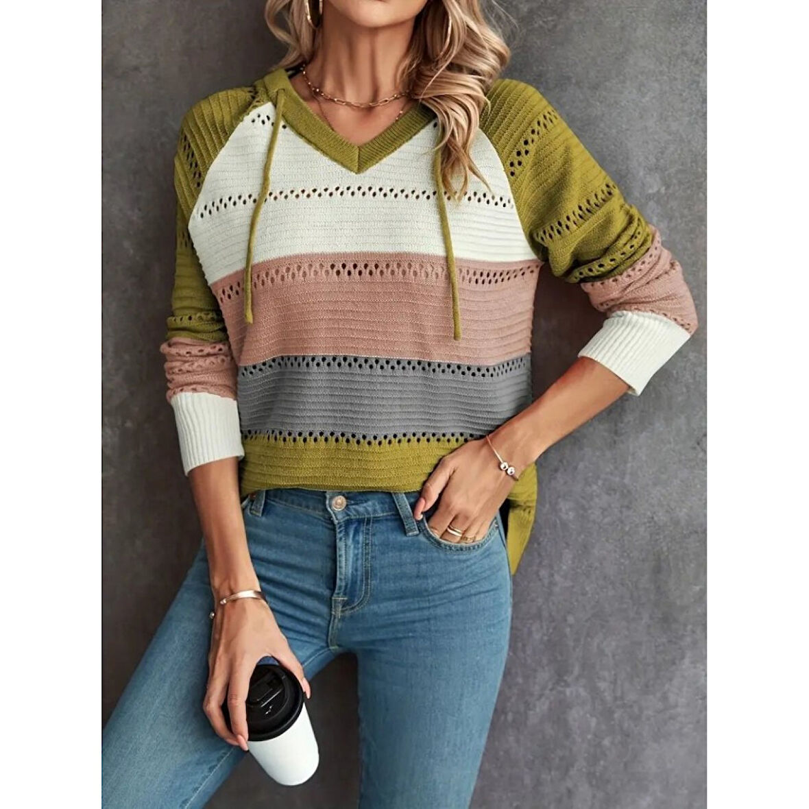 Lucky Life Kadın Uzun Kollu V Yakalı Bağcıklı Kapşonlu Triko Bluz