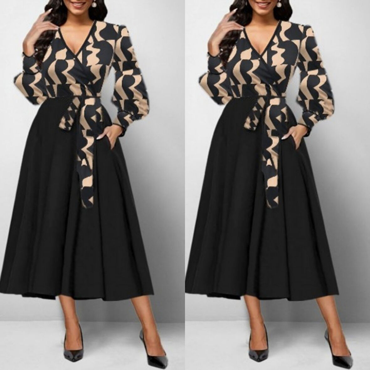 Lucky Life Kadın Uzun Kollu Kruvaze Yaka Dalgıç Krep Midi Boy Elbise