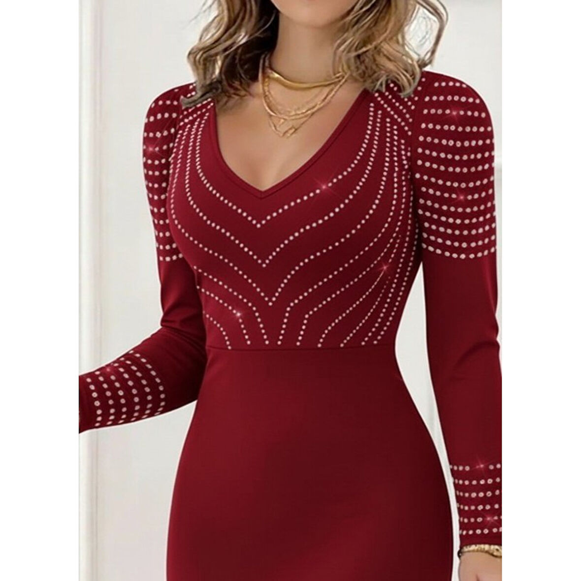 Lucky Life Kadın Uzun Kollu V Yakalı Taşlı Mini Ithal Krep Elbise