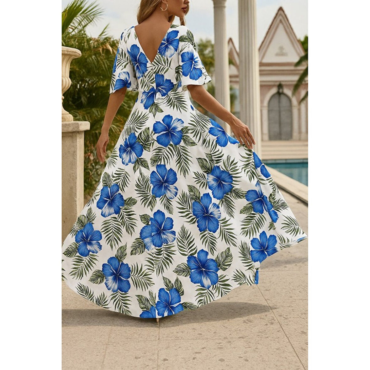 Lucky Life Kadın Kısa Kollu V Yakalı Desenli Süprem Elbise